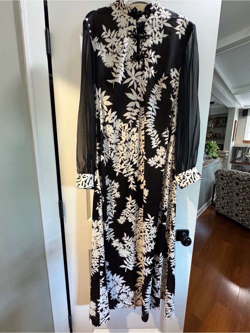 True VTG 60-70’s floral maxi dress sheer sleeves  ILGWU union tag size Large